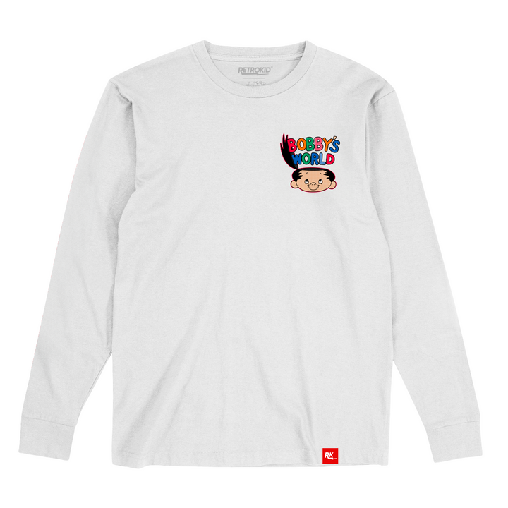 Bobby's World Bobby Generic Retrokid 90s Retro Howie Mandel Officially Licensed White Long Sleeve T-Shirt Logo Head Intro Theme Song Uncle Ted Family Martha Kelly Derek Roger Webbly Tricycle