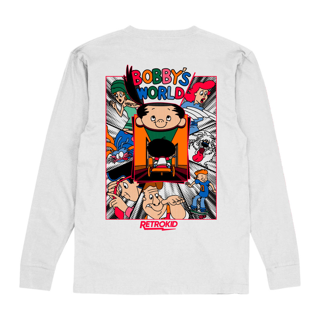 Bobby's World Bobby Generic Retrokid 90s Retro Howie Mandel Officially Licensed White Long Sleeve T-Shirt Logo Head Intro Theme Song Uncle Ted Family Martha Kelly Derek Roger Webbly Tricycle