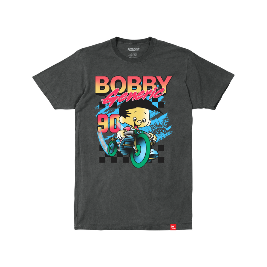 Bobby's World Racing T-Shirt Bobby Generic Retrokid Tricycle Checkered 90s Retro T-Shirt Howie Mandel Officially Licensed Pepper Grey