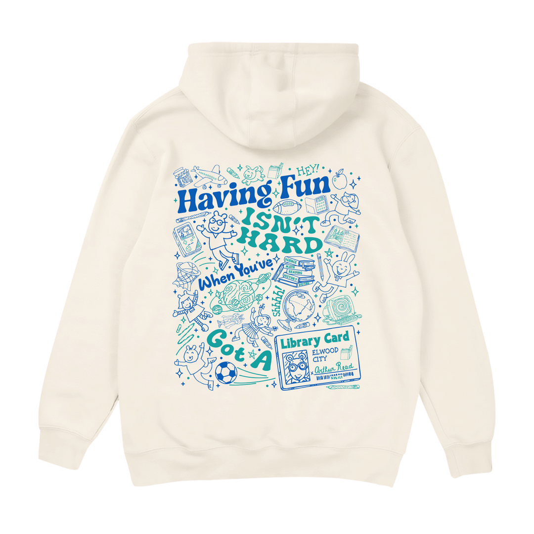 Arthur Retrokid Officially Licensed Retro Apparel Read Having Fun Isn't Hard When You've Got a Library Card Hoodie Ivory Blue Green