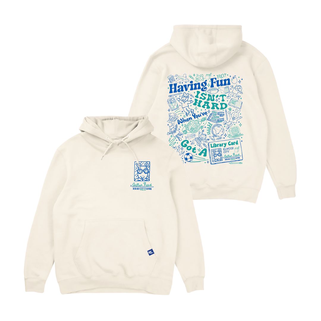 Arthur Retrokid Officially Licensed Retro Apparel Read Having Fun Isn't Hard When You've Got a Library Card Hoodie Ivory Blue Green BACK