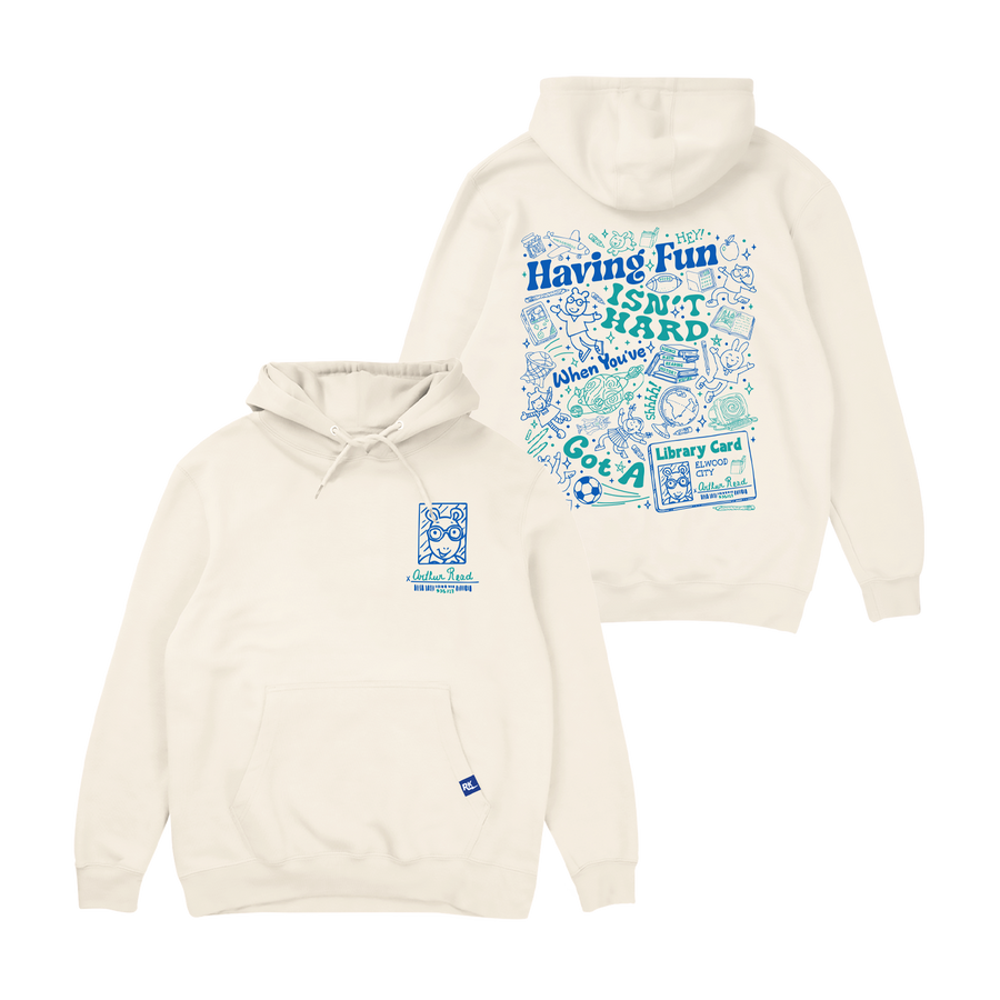 Arthur Retrokid Officially Licensed Retro Apparel Read Having Fun Isn't Hard When You've Got a Library Card Hoodie Ivory Blue Green BACK