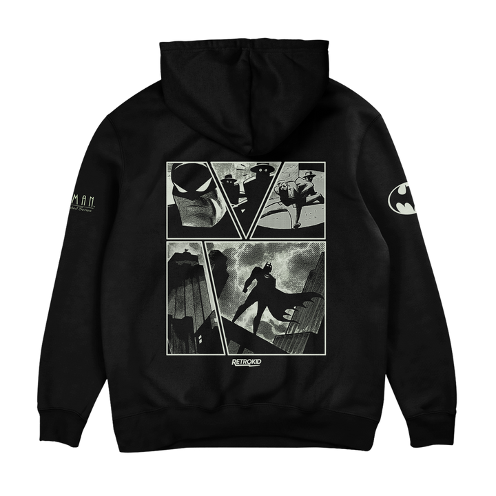 Retrokid x Batman: The Animated Series The Intro Dark Hoodie Black Front Back Sleeve Detail Searchlight Blimp Panel Comic Sweater Bat Logo Signal