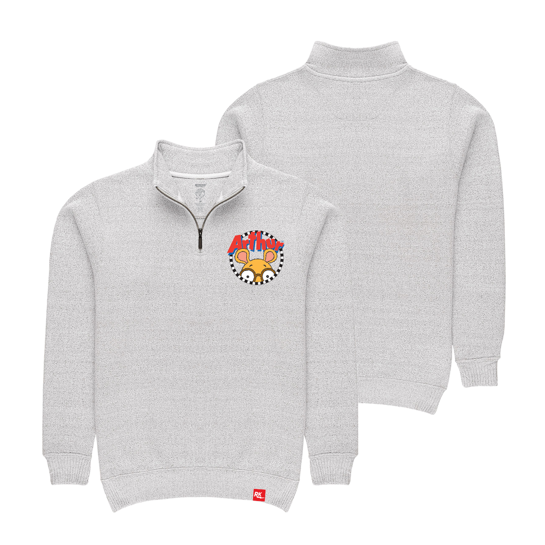 Arthur Retrokid Officially Licensed 1/4 ZIP Sweater Logo Embroidered Read Checkered Circle Logo FRONT BACK