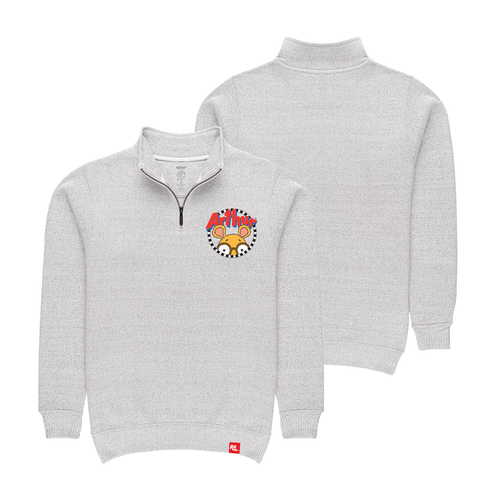 Arthur Retrokid Officially Licensed 1/4 ZIP Sweater Logo Embroidered Read Checkered Circle Logo FRONT BACK