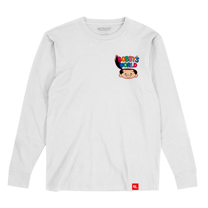 Bobby's World Bobby Generic Retrokid 90s Retro Howie Mandel Officially Licensed White Long Sleeve T-Shirt Logo Head Intro Theme Song Uncle Ted Family Martha Kelly Derek Roger Webbly Tricycle  