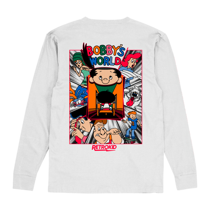 Bobby's World Bobby Generic Retrokid 90s Retro Howie Mandel Officially Licensed White Long Sleeve T-Shirt Logo Head Intro Theme Song Uncle Ted Family Martha Kelly Derek Roger Webbly Tricycle  