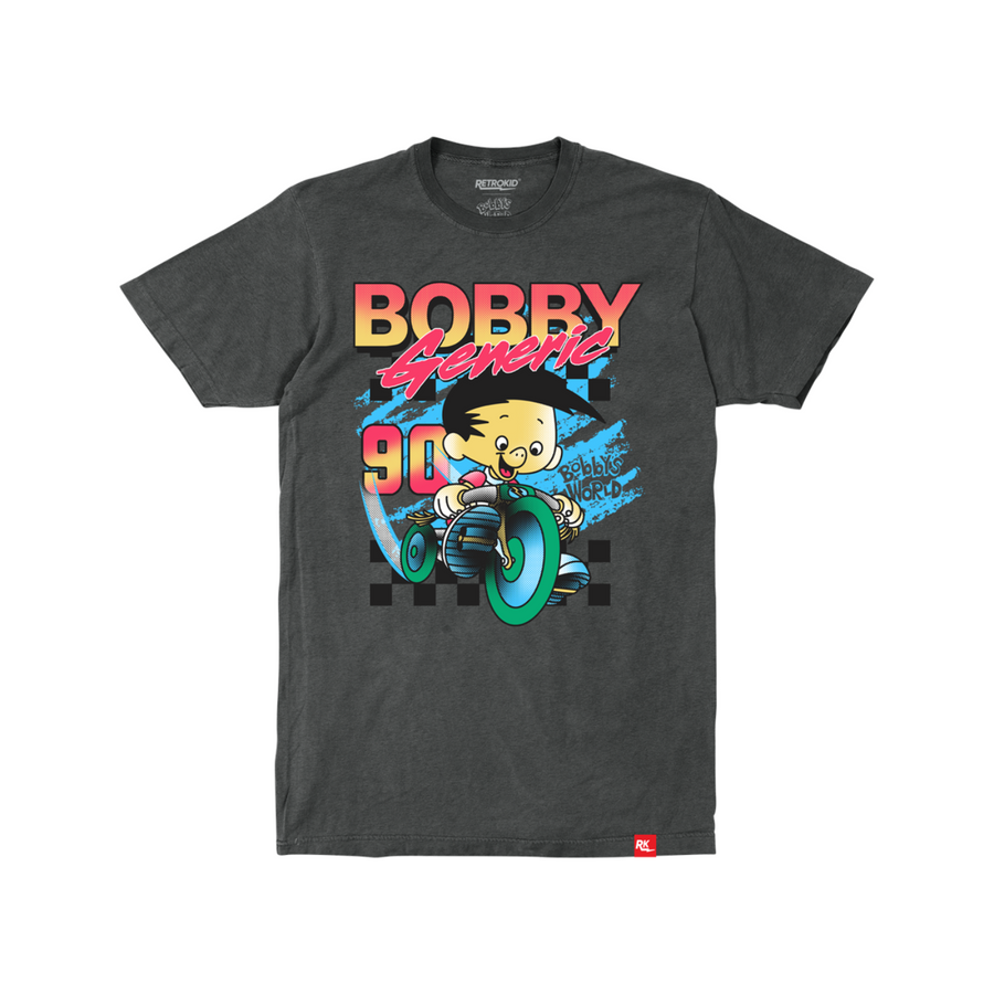 Bobby's World Racing T-Shirt Bobby Generic Retrokid Tricycle Checkered 90s Retro T-Shirt Howie Mandel Officially Licensed Pepper Grey 