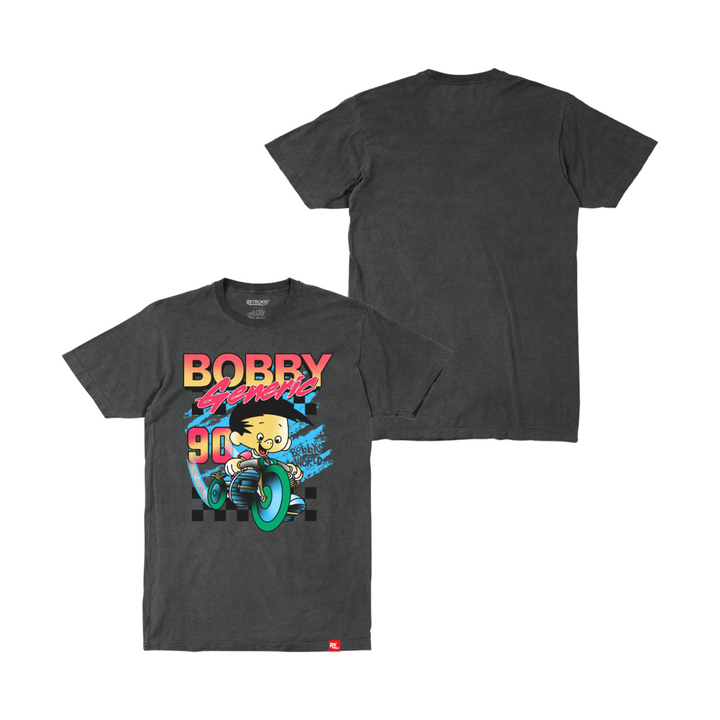 Bobby's World Racing T-Shirt Bobby Generic Retrokid Tricycle Checkered 90s Retro T-Shirt Howie Mandel Officially Licensed Pepper Grey