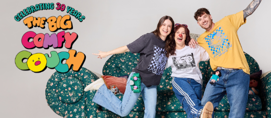 Three people on a couch with 'The Big Comfy Couch' branding and text celebrating 30 years.