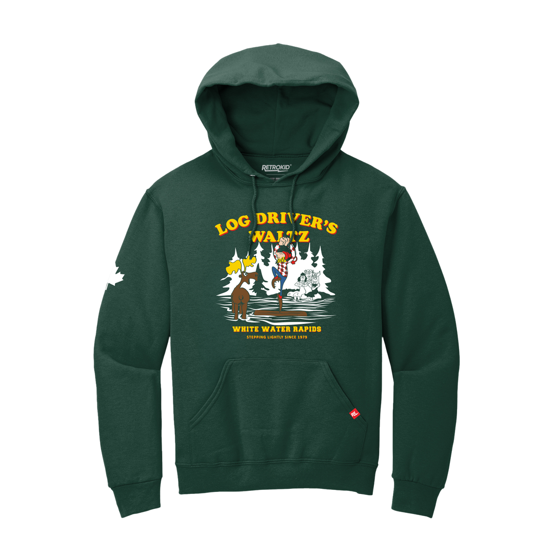 Retrokid RK Log Driver's Waltz Drivers LDW Hoodie Forest Green Dark Green White Water Rapids Stepping Lightly Since  1979 Moose Canada Canadian A log driver's waltz pleases girls completely