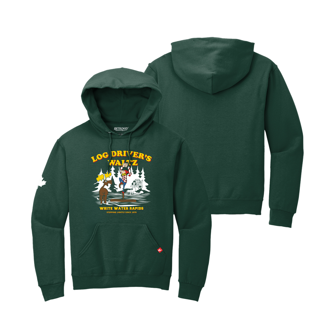 Retrokid RK Log Driver's Waltz Drivers LDW Hoodie Forest Green Dark Green White Water Rapids Stepping Lightly Since  1979 Moose Canada Canadian A log driver's waltz pleases girls completely